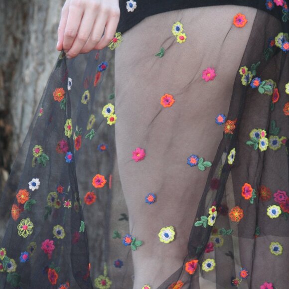 Tulle Wrap Skirt Adorned With Blacklight Flowers Hand Crafted - Picture 4 of 4